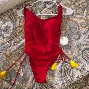 Red one-piece bathing suit